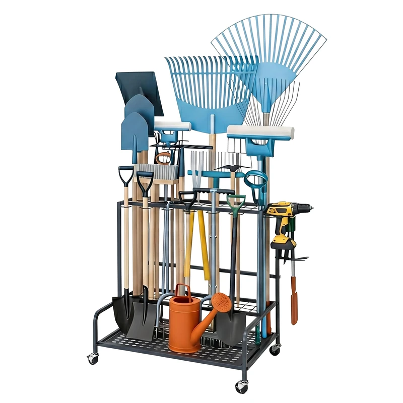Relaxdays Mobile Garden Tool Rack on Castors, 12 Hooks, Anthracite