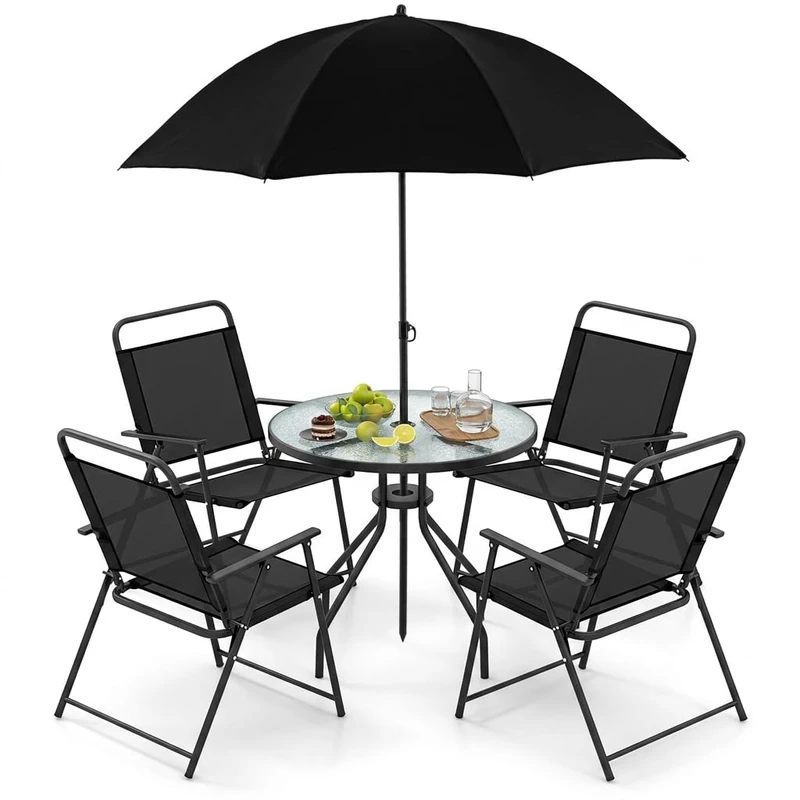 GiantexUK 6 Piece Patio Dining Set, Garden Furniture Set with Parasol Umbrella, 4 Folding Chairs & Tempered Glass Table, Outdoor Table and Chairs Set for Balcony Poolside Lawn (Black)