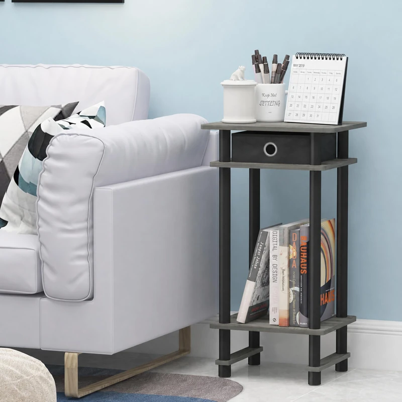 Furinno TURN-N-TUBE Set of 2 Side Table, Grey 3-Tier Narrow End Table, Night Stand, Bedside Table for Living Room, Bedroom, Home Office, Grey Oak/Black/Black