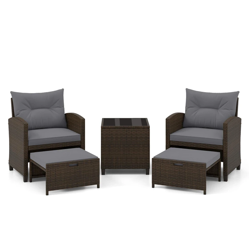 RELAX4LIFE 5-Piece Patio Wicker Furniture Set, Outdoor PE Rattan Conversation Set with 2 Ottomans & Tempered Glass Coffee Table, Garden Conservatory Sofa Chairs for Backyard Lawn (Gray+Mix Brown)