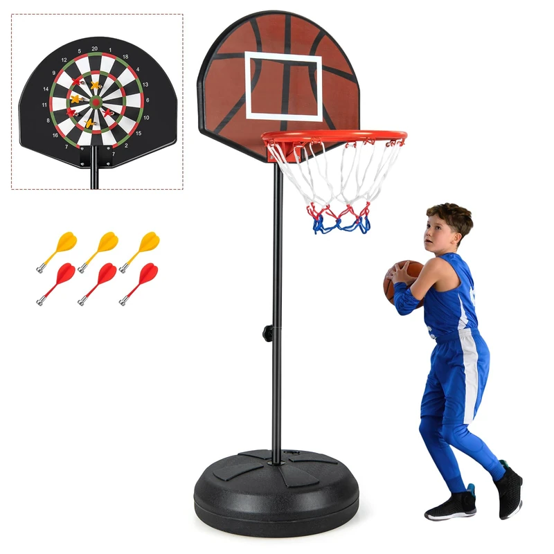 GYMAX 2-in-1 Kids Basketball Hoop with Dart Board, Height Adjustable Portable Basketball Goal with Double-sided Backboard & 6 Darts, Fillable Base, Mini Basketball Hoop Set for Indoor Outdoor Use