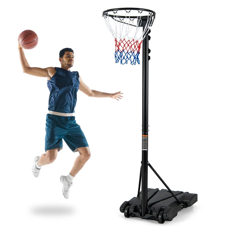 GYMAX Freestanding Netball Post Set, 8.5FT-10FT Adjustable Basketball Stand with Fillable Base & 2 Wheels, Portable Basketball Hoop System for Indoor and Outdoor