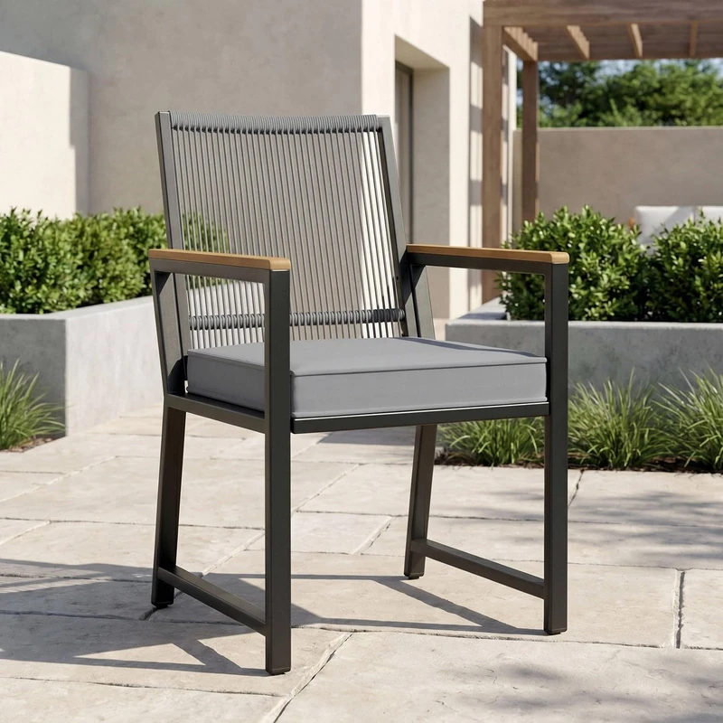 Clevich Rattan Garden Chair, Weatherproof Outdoor Chair with 7 cm Removable Cushion, PE Rattan Backrest, Rust-Proof Metal Frame & WPC Armrests, Dining Chair for Patio Balcony (Dark Grey)