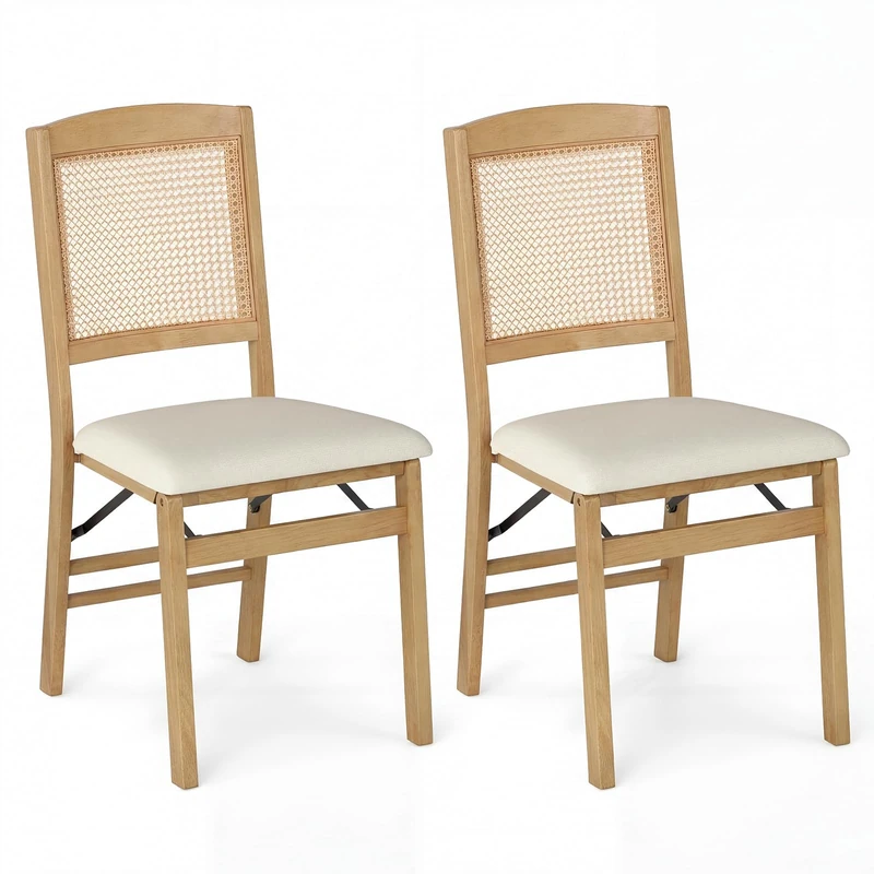 GiantexUK Folding Dining Chairs Set of 2, Rubber Wood Chairs with Linen Padded Seat & Rattan Backrest, Upholstered Indoor Seats for Kitchen, Dining Room, Study, No Assembly Required