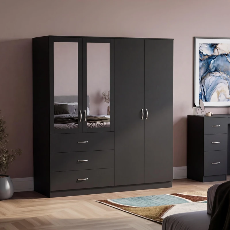 Vida Designs Riano 4 Door 3 Drawer Mirrored Wardrobe | Black | Modern Bedroom Furniture | 175H x 154W x 54D cm | With Storage Shelf & Hanging Rail | Large Capacity Storage