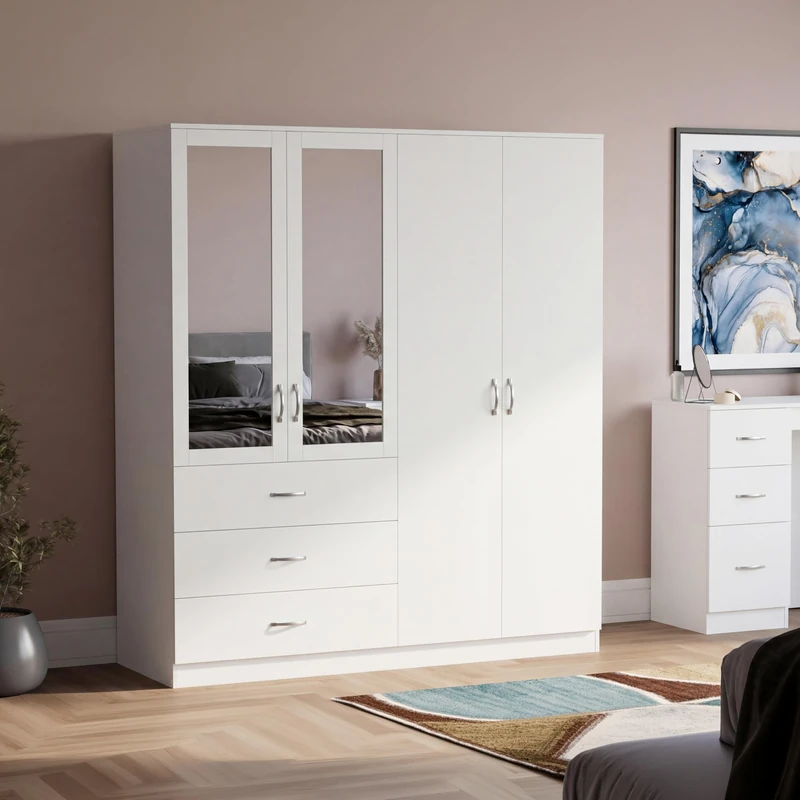 Vida Designs Riano 4 Door 3 Drawer Mirrored Wardrobe | White | Modern Bedroom Furniture | 175H x 154W x 54D cm | With Storage Shelf & Hanging Rail | Large Capacity Storage
