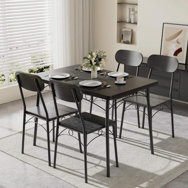 VECELO Dining Table and Chairs Set 4, Modern Kitchen Table Set, MDF Top & Metal Legs for Small Spaces, Dining Room, Home Apartment, Space Saving, Black, 110x70x75cm