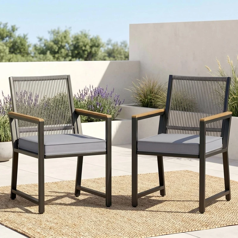 Clevich Set of 2 Rattan Garden Chairs, Weatherproof Outdoor Chairs with 7 cm Removable Cushions, PE Rattan Backrest, Rust-Proof Metal Frame & WPC Armrests, Dining Chairs for Patio Balcony (Dark Grey)