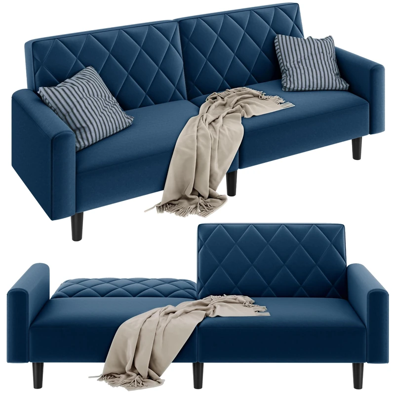 Yaheetech Blue Velvet Convertible Sofa with Adjustable Backrest - Image 1