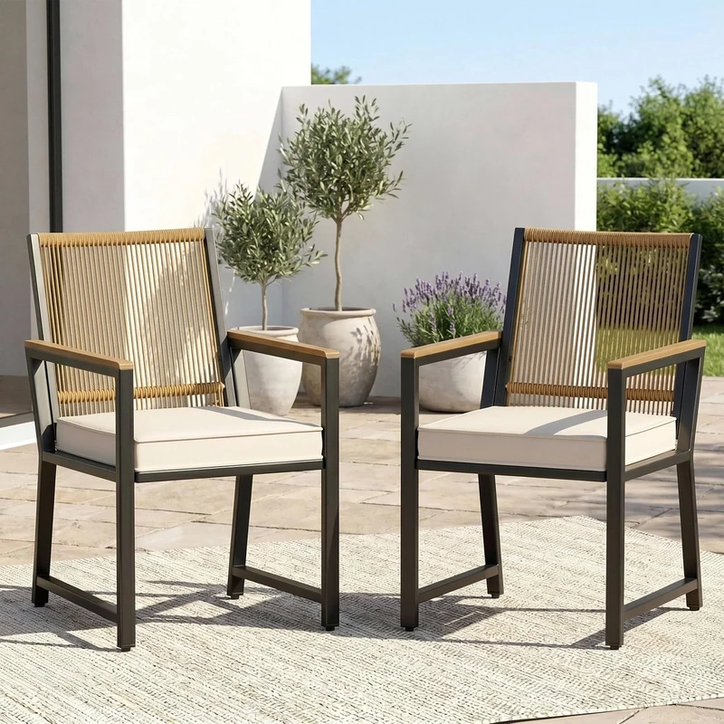 Clevich Set of 2 Rattan Garden Chairs, Weatherproof Outdoor Chairs with 7 cm Removable Cushions, PE Rattan Backrest, Rust-Proof Metal Frame & WPC Armrests, Dining Chairs for Patio Balcony (Beige) - Image 1