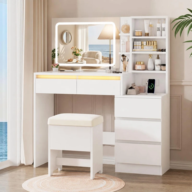 IRONCK Dressing Table with Mirror and 3-Color Lights, Charging Station, Vanity Desk with 5 Drawers, Dressing Chair, 6 Open Shelves, Transparent Tempered Glass, Modern Vanity Table for Bedroom, White - Image 1