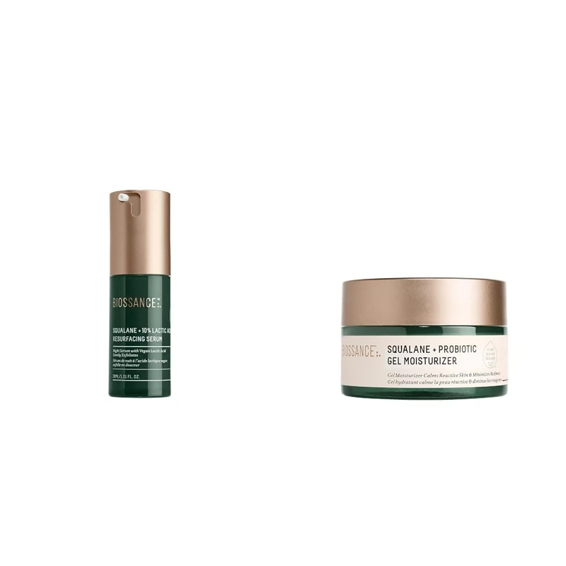 BIOSSANCE Pore Perfecting Duo - 10% Lactic Acid Resurfacing Serum + Probiotic Gel Moisturiser - Minimise Pores, Smooth Texture & Control Oil - Squalane Skincare Set