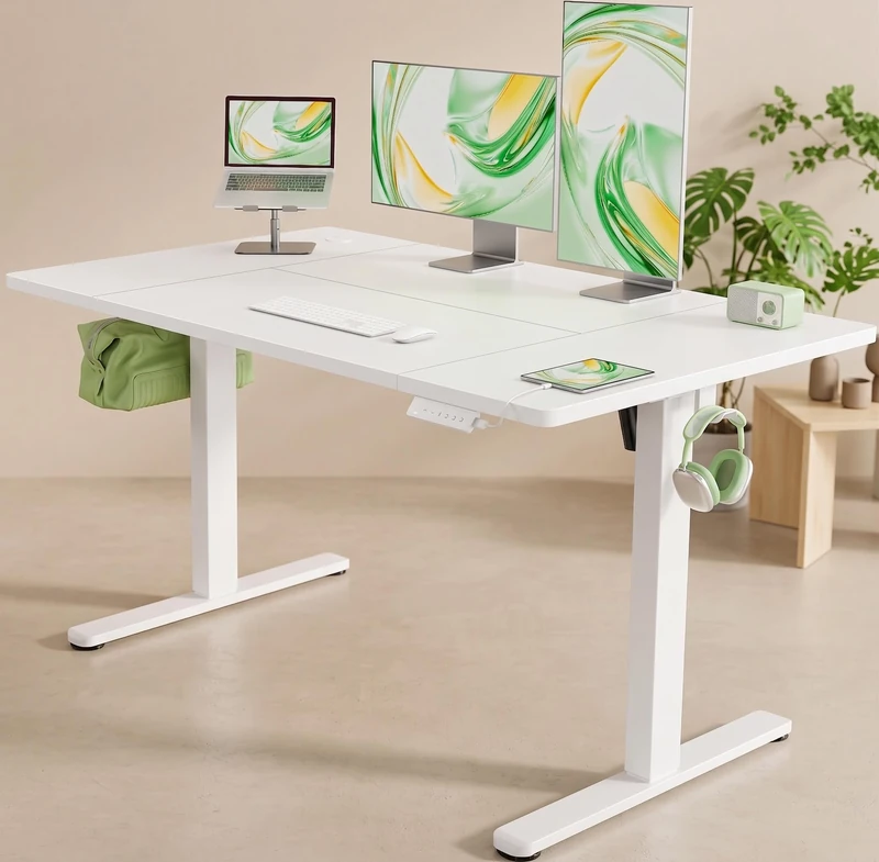 Marsail Electric Standing Desk 140x81 cm, Height Adjustable Sit Stand Desk with USB-A Charging, 4 Memory Presets, 80kg Load, Stable Lift, Hooks & Cable Management, Compact Home Office Desk
