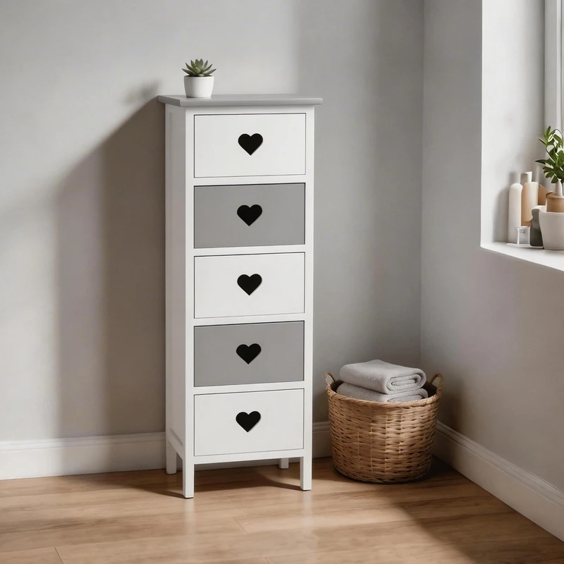 Home Source Heartswood Wooden Storage Drawer Tower with Cut Out Heart Handles, Slim Chest of Drawers, Bedroom Storage Cabinet, Bathroom Unit, Hallway Organiser, White & Grey, 4 Drawers