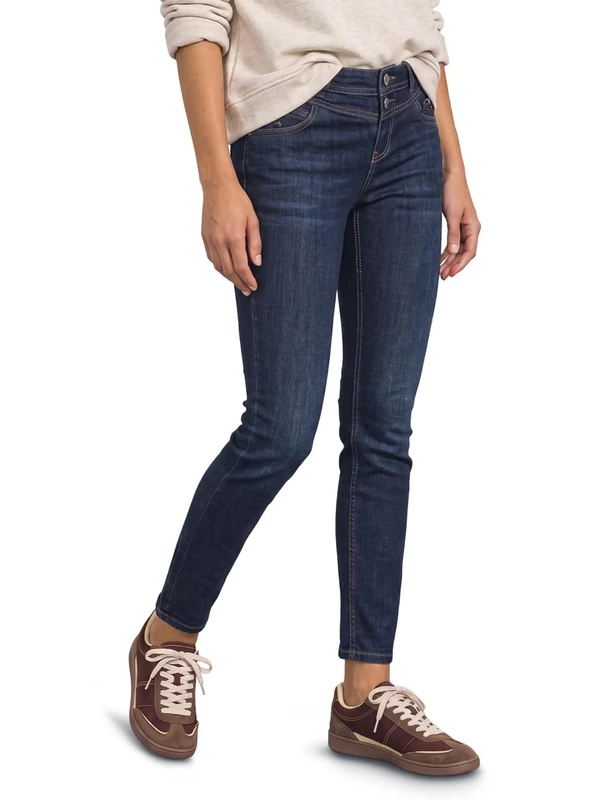 Street One Mid Waist Slim Leg Jeans with Decorative Detail Dark Blue Soft Washed 30