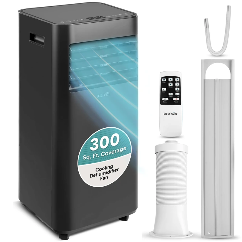 SereneLife Portable Air Conditioner 7000 BTU, Compact AC Unit with Consistent Room Cooling, Dehumidifier & Fan for Rooms up to 28 m², Quiet Energy Efficient Operation with Remote, Window Kit, Black - Image 1