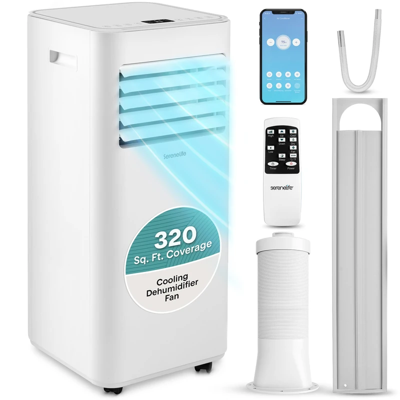 SereneLife Portable Air Conditioner 9000 BTU, Compact AC Unit with Dehumidifier & Fan for Rooms up to 30 m², Energy Efficient Quiet Cooling with Remote, Window Kit, White - Image 1