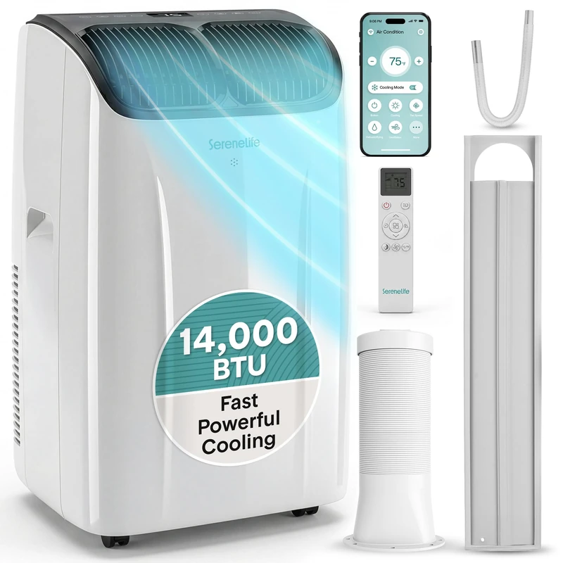 SereneLife Portable Air Conditioner 14000 BTU Air Conditioning Unit, Smart WiFi Portable AC with Dehumidifier, Follow Me Function, Sleep Mode & Window Kit