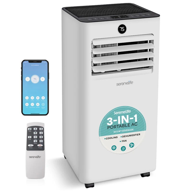 SereneLife Portable Air Conditioner 9000 BTU – WiFi Smart AC Unit with Window Kit, 3 Modes Cooling Dehumidifier Fan, Silent Low Energy with LED Display Remote Control