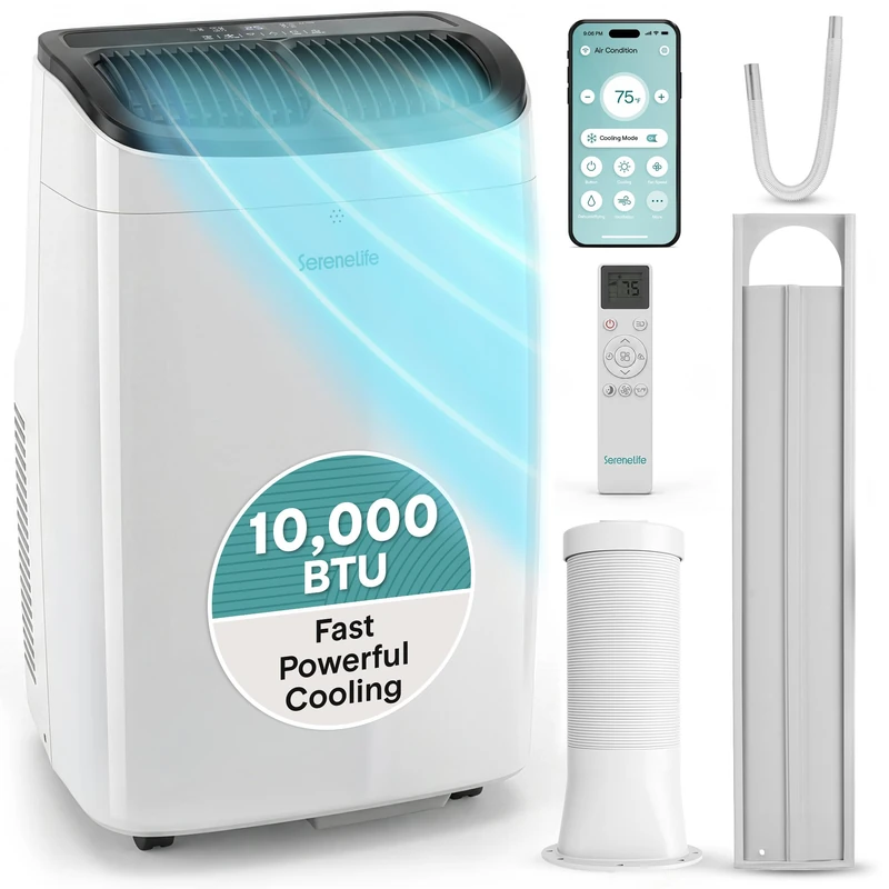 SereneLife Portable Air Conditioner 9000 BTU Air Conditioning Unit, Smart WiFi Portable AC with Dehumidifier, Follow Me Function, Sleep Mode & Window Kit