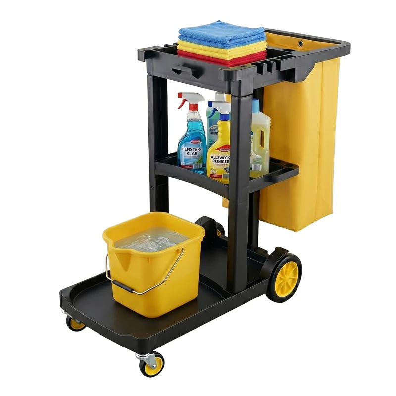 Relaxdays Cleaning Trolley, 3 shelves, black-yellow