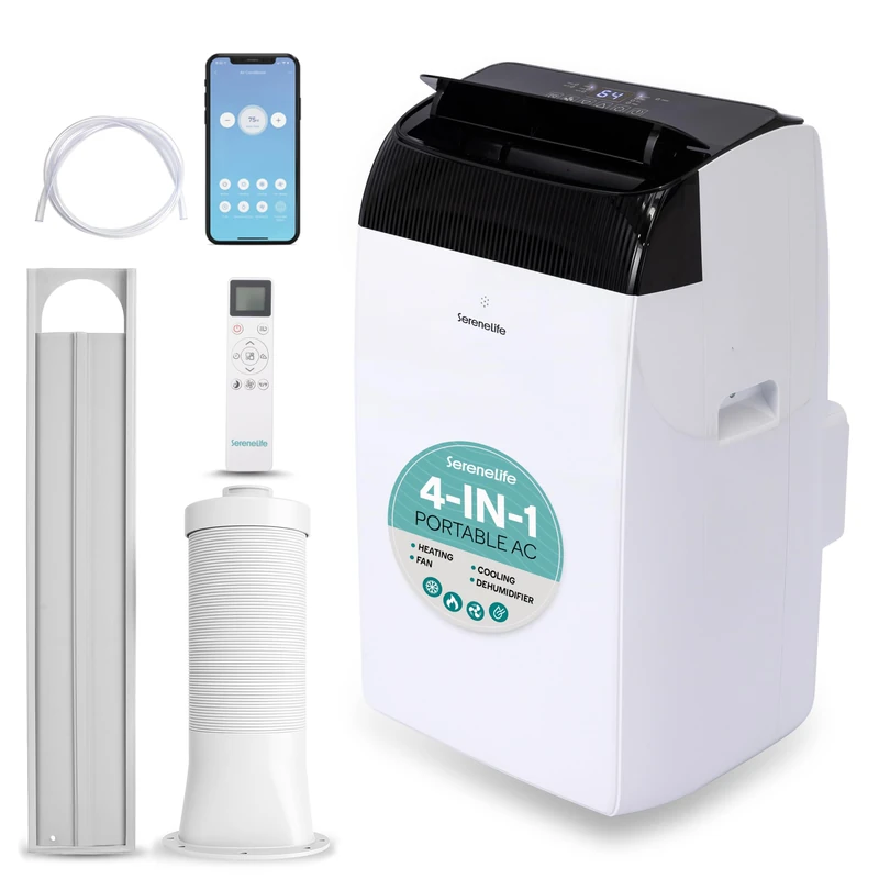 SereneLife Portable Air Conditioner 12000 BTU with Heat & WiFi, Portable AC Air Conditioning Unit, 4-in-1 with Cooling, Heating, Fan & Dehumidifier Modes, Self-Evaporating & Sleep Mode for Living Room