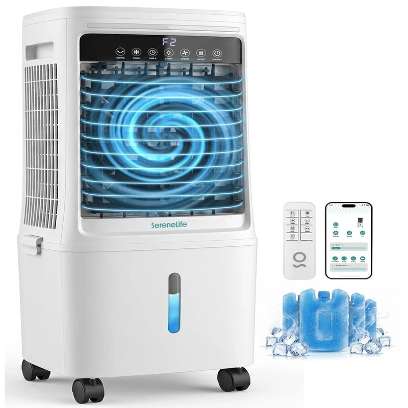 SereneLife Portable Air Cooler 25L with WiFi Remote Control – 1700 CFM Evaporative Cooling Fan with Ice Packs 60° Oscillation Timer Quiet Energy Efficient for Large Room Home Office Bedroom