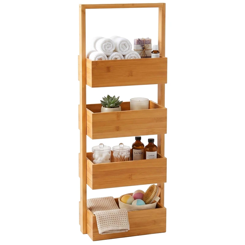 Relaxdays bathroom shelf with 4 baskets, HxWxD: 88 x 28 x 16 cm, bamboo/MDF, space-saving, natural