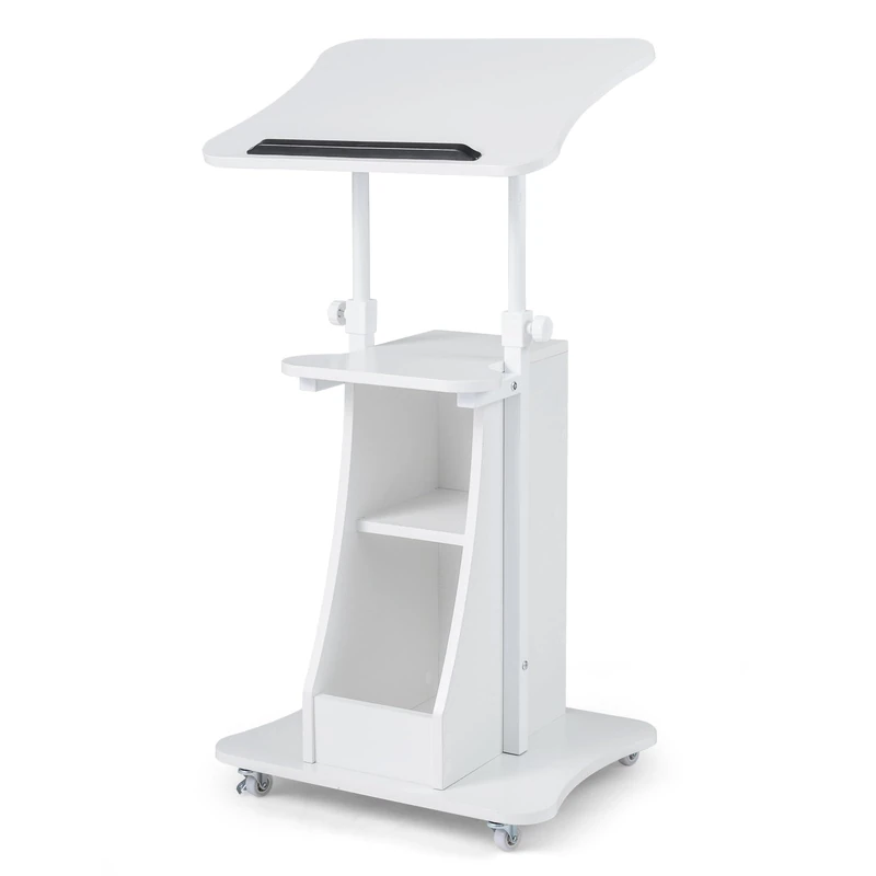 FANTASK Standing Desk, Height Adjustable, 50 x 40 x 72-112 cm, Mobile Lectern with Tilting Table Top & Open Compartments, Lectern Stand for Standing & Sitting, Standing Table on Wheels for Office