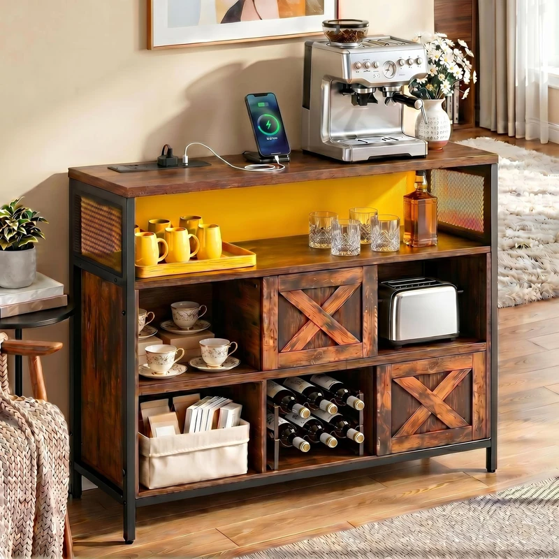 YITAHOME Sideboard, Kitchen Cabinet with Power Outlet and LED Lights, Storage Cupboard with 2 Sliding Barn Doors, 35 x 100 x 80 cm, 6 Compartments, for Living Room, Rustic Brown and Black