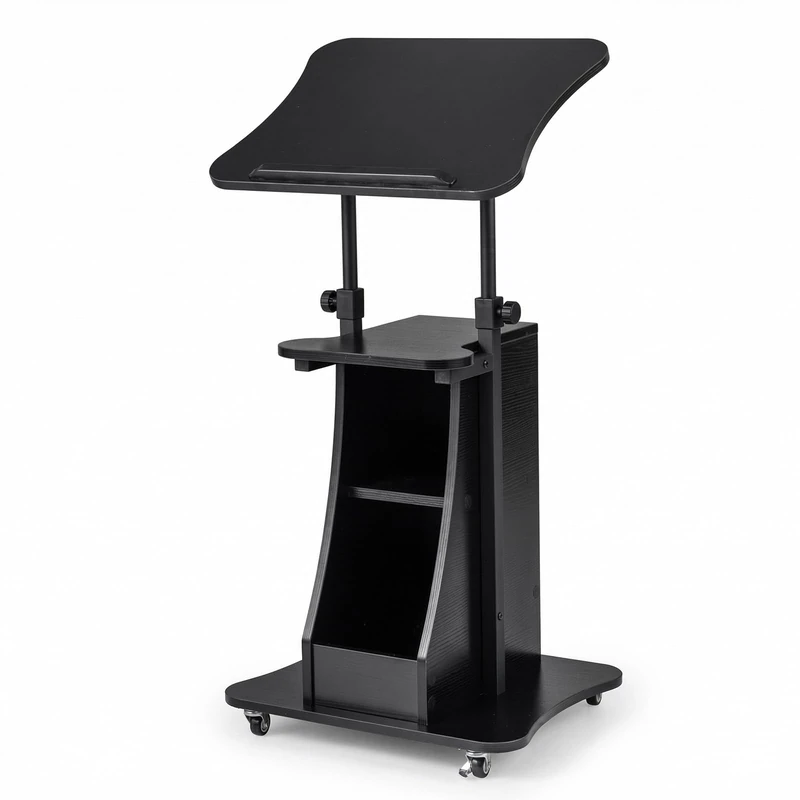 FANTASK Standing Desk Height Adjustable, 50 x 40 x 72-112 cm, Mobile Lectern with Tilting Table Top & Open Compartments, Lectern Stand for Standing & Sitting, Standing Table on Wheels for Office