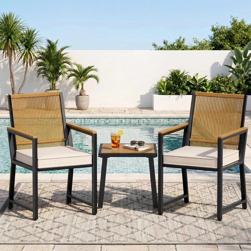 Clevich 3 Pieces Bistro Set, Garden Furniture Set with 7 cm Removable Cushion, PE Rattan Backrest, Rust-Proof Metal Frame & WPC Armrests Tabletop, Table and 2 Chairs for Patio Balcony (Beige)