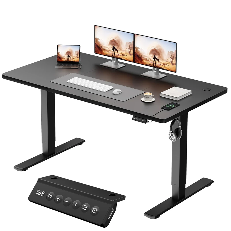 JUMMICO Electric Standing Desk 140x60cm – Height Adjustable with USB Charging, Sedentary Reminder, Memory Heights for Home Office Use, Black