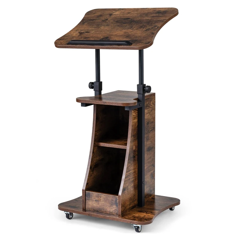 FANTASK Standing Desk Height Adjustable, 50 x 40 x 72-112 cm, Mobile Lectern with Tilting Table Top & Open Compartments, Lectern Stand for Standing & Sitting, Standing Table on Wheels for Office - Image 1