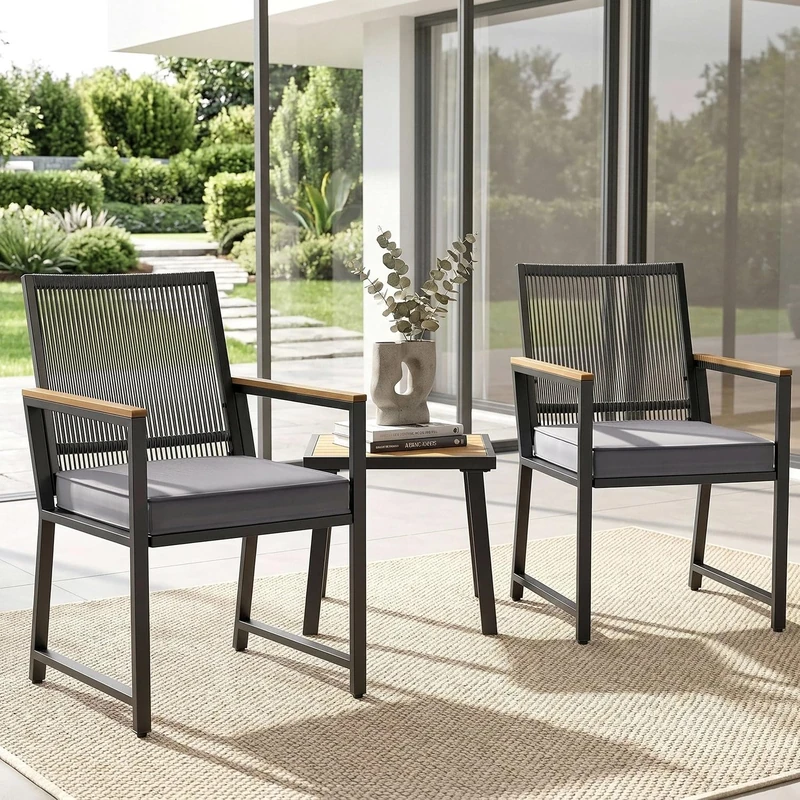 Clevich 3 Pieces Bistro Set, Garden Furniture Set with 7 cm Removable Cushion, PE Rattan Backrest, Rust-Proof Metal Frame & WPC Armrests Tabletop, Table and 2 Chairs for Patio Balcony (Dark Grey)