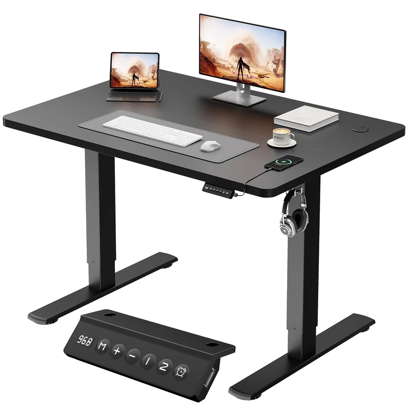 JUMMICO Electric Standing Desk 100x60cm – Height Adjustable with USB Charging, Sedentary Reminder, Memory Heights for Home Office Use, Black - Image 1