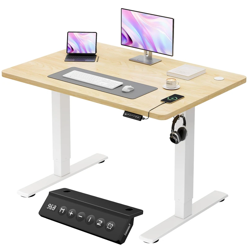 JUMMICO Electric Standing Desk 140x60cm – Height Adjustable with USB Charging, Sedentary Reminder, Memory Heights for Home Office Use, Beige