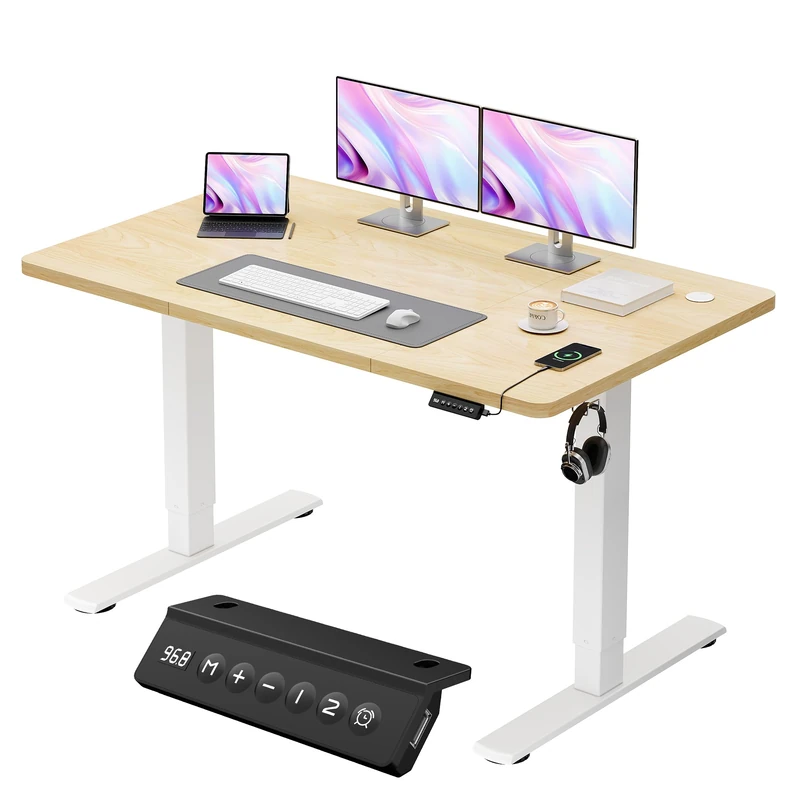 JUMMICO Electric Standing Desk 120x60cm – Height Adjustable with USB Charging, Sedentary Reminder, Memory Heights for Home Office Use, Beige