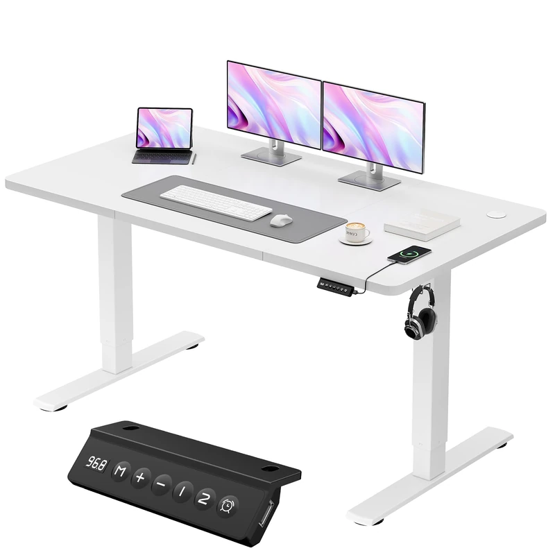 JUMMICO Electric Standing Desk 140x60cm – Height Adjustable with USB Charging, Sedentary Reminder, Memory Heights for Home Office Use, White - Image 1