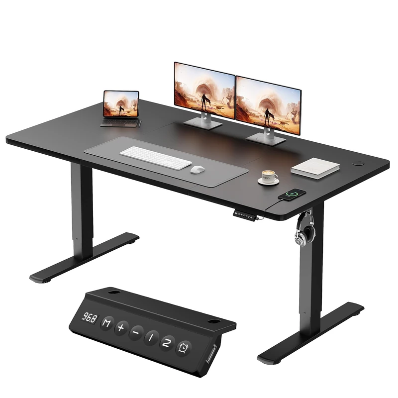 JUMMICO Electric Standing Desk 160x60cm – Height Adjustable with USB Charging, Sedentary Reminder, Memory Heights for Home Office Use, Black