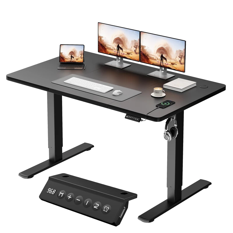 JUMMICO Electric Standing Desk 120x60cm – Height Adjustable with USB Charging, Sedentary Reminder, Memory Heights for Home Office Use, Black