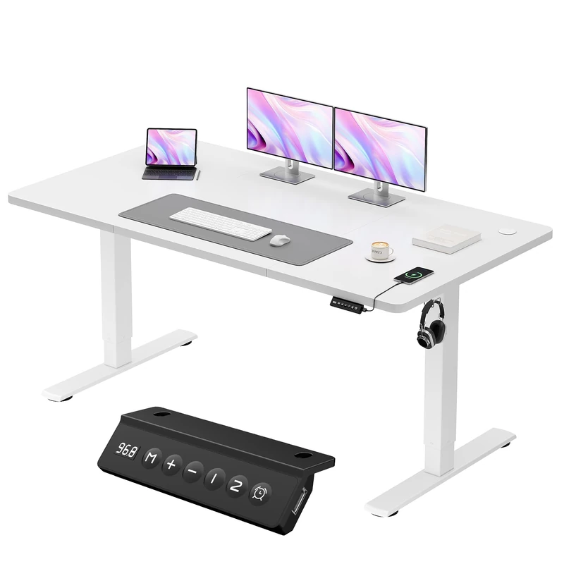 JUMMICO Electric Standing Desk 160x60cm – Height Adjustable with USB Charging, Sedentary Reminder, Memory Heights for Home Office Use, White - Image 1