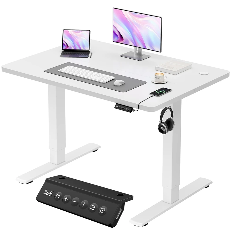 JUMMICO Electric Standing Desk 100x60cm – Height Adjustable with USB Charging, Sedentary Reminder, Memory Heights for Home Office Use, White - Image 1