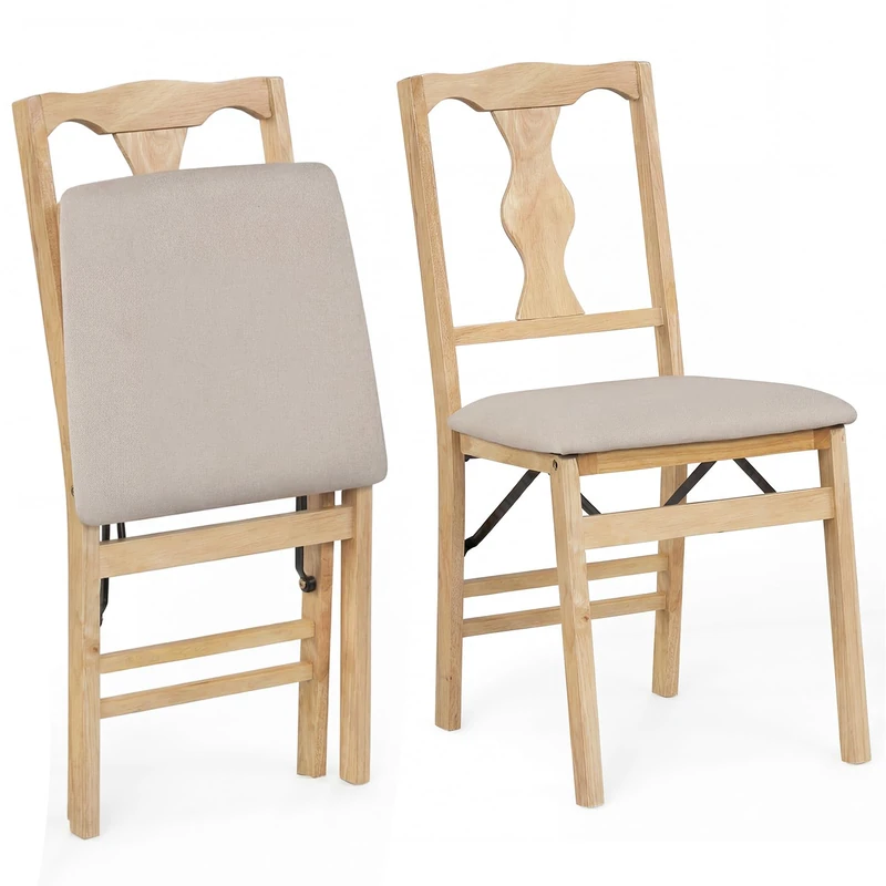 GiantexUK Folding Dining Chairs Set of 2, Linen Fabric Padded Kitchen Chairs with Backrest & Non-Slip Foot Pads, Rubber Wood Side Seats for Dining Room Restaurant (Vase Pattern Back, Beige+Natural, 2)