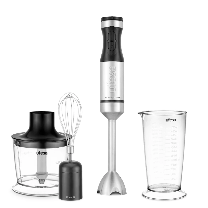 Ufesa Aquarius Max Hand Blender, 1000 W, Turbo Function, Variable Speed Control, 4 Highly Effective Blades, Removable Stainless Steel Base, Splash Guard, Cup 700 ml, Chopper 500 ml and Whisk