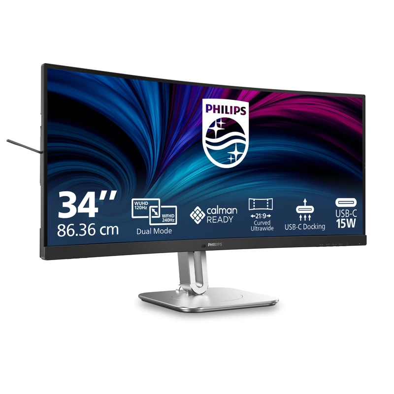 PHILIPS 34B2U5900C 34-inch Curved USB Hub Monitor, 120Hz/240Hz dual mode, VA panel, 4ms GtG, HDR400, height adjustment, speakers (5120x2160; 2560x1080; 2x HDMI 2.1, 1x DP 1.4), dark gray