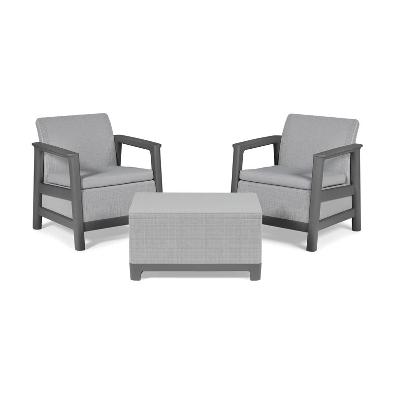 Keter Scandi Linea Balcony Furniture Set - Grey | Outdoor Armchairs & Storage Coffee Table | Weather-Resistant Patio Furniture