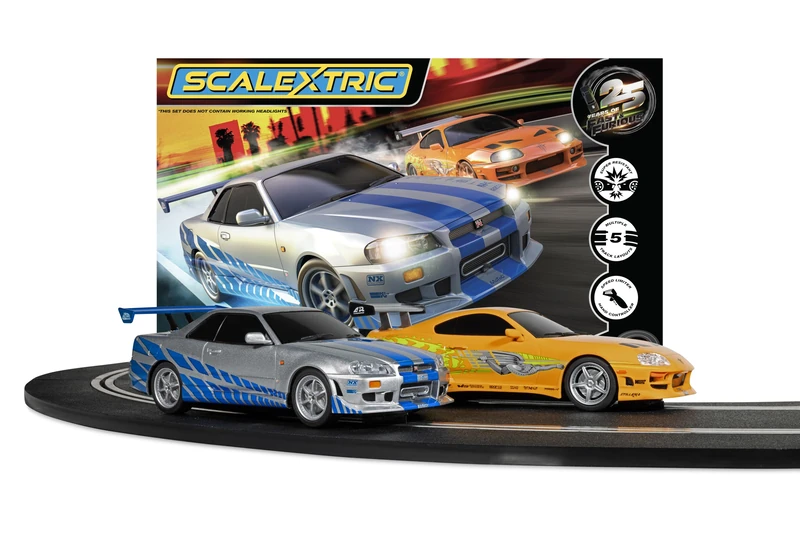 Scalextric C1465M Fast and Furious Race Set, 25 Year Edition, Toyota Supra Mk IV and Nissan Skyline R34, 1:32 Scale, Mains Powered, with Underglow Lighting - Image 1