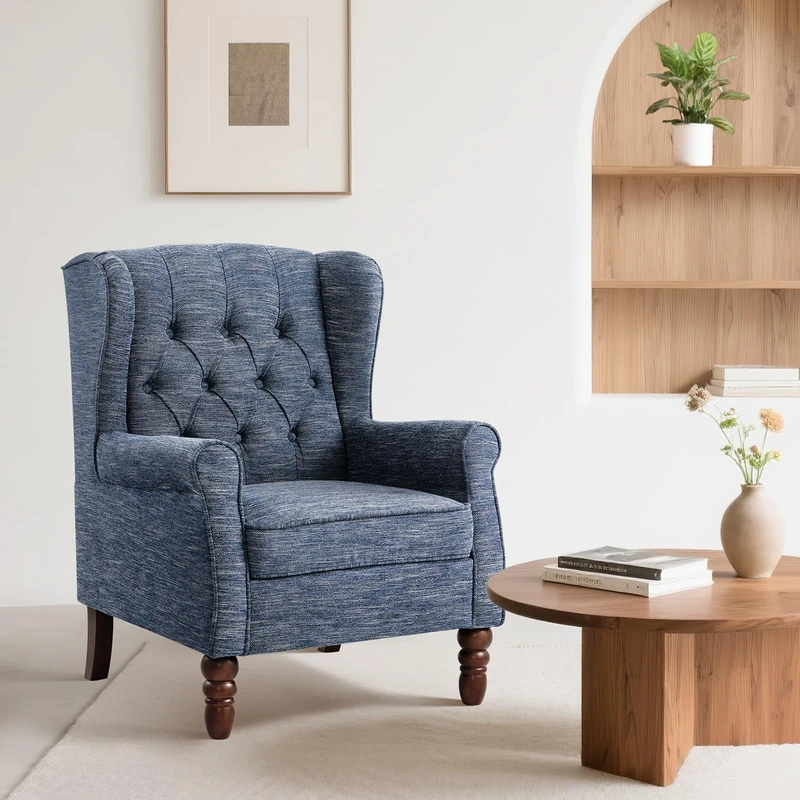 Wingback Armchair for Living Room, Upholstered High Back Accent Chair with Tufted Backrest, Rolled Arms and Solid Wood Legs, Comfortable Reading Chair for Lounge, Bedroom and Reception Area