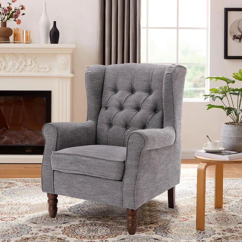 Wingback Armchair for Living Room, Upholstered High Back Accent Chair with Tufted Backrest, Rolled Arms and Solid Wood Legs, Comfortable Reading Chair for Lounge, Bedroom and Reception Area - Image 1